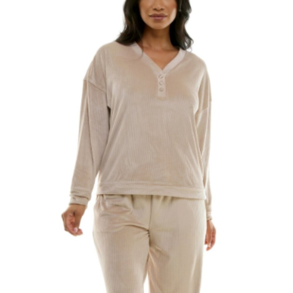 Roudelain Women's Long-Sleeve Ribbed Velour Pajama Top Brown Size L 9707
